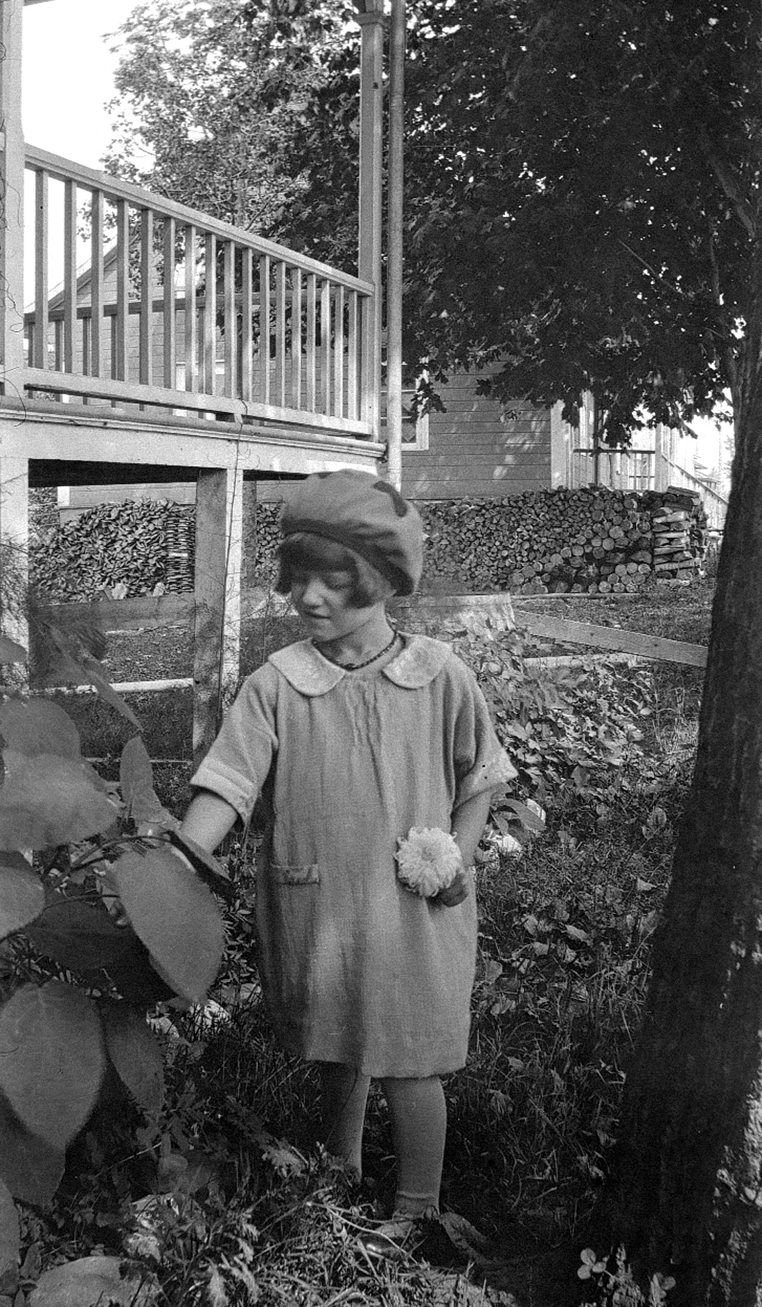 Une fillette debout sur le terrain de la résidence des Dumont observe une plante .