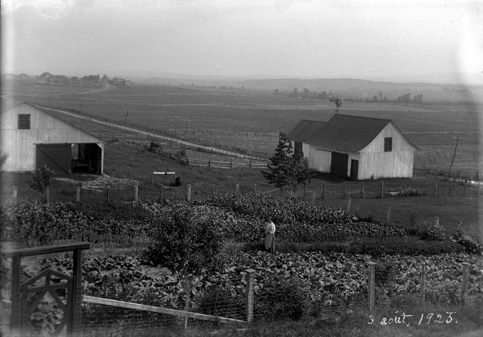 Vaste champ en arrière-plan, quelques bâtiments de ferme au milieu et, à l'avant-plan, un grand jardin au centre duquel une femme se tient debout.