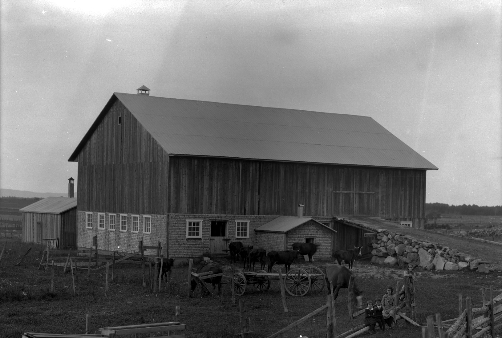 Une belle et vaste grange devant laquelle pose une femme et trois enfants avec, non loin, un cheval et une dizaine de vaches.